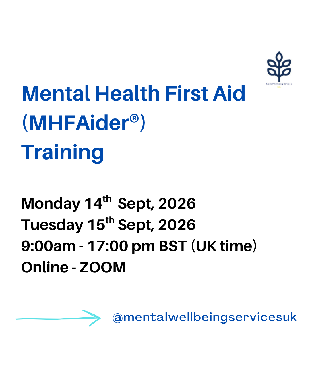 Online Mental Health First Aid (MHFAider®) 14th and 15th Sept, 2026 9.00am until 5.00pm