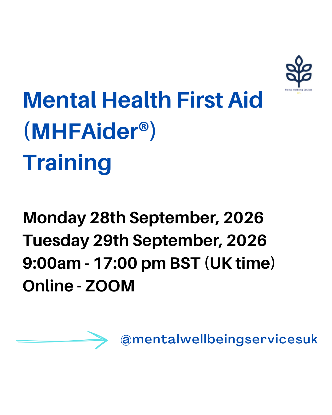 Online Mental Health First Aid (MHFAider®) 28th and 29th Sept, 2026 9.00am until 5.00pm