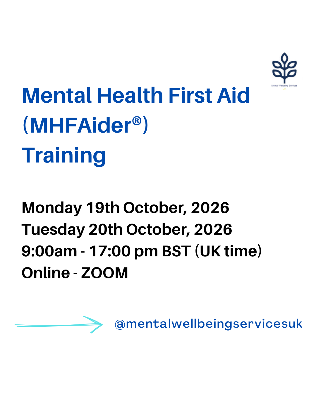 Online Mental Health First Aid (MHFAider®) 19th and 20th Oct, 2026 9.00am until 5.00pm